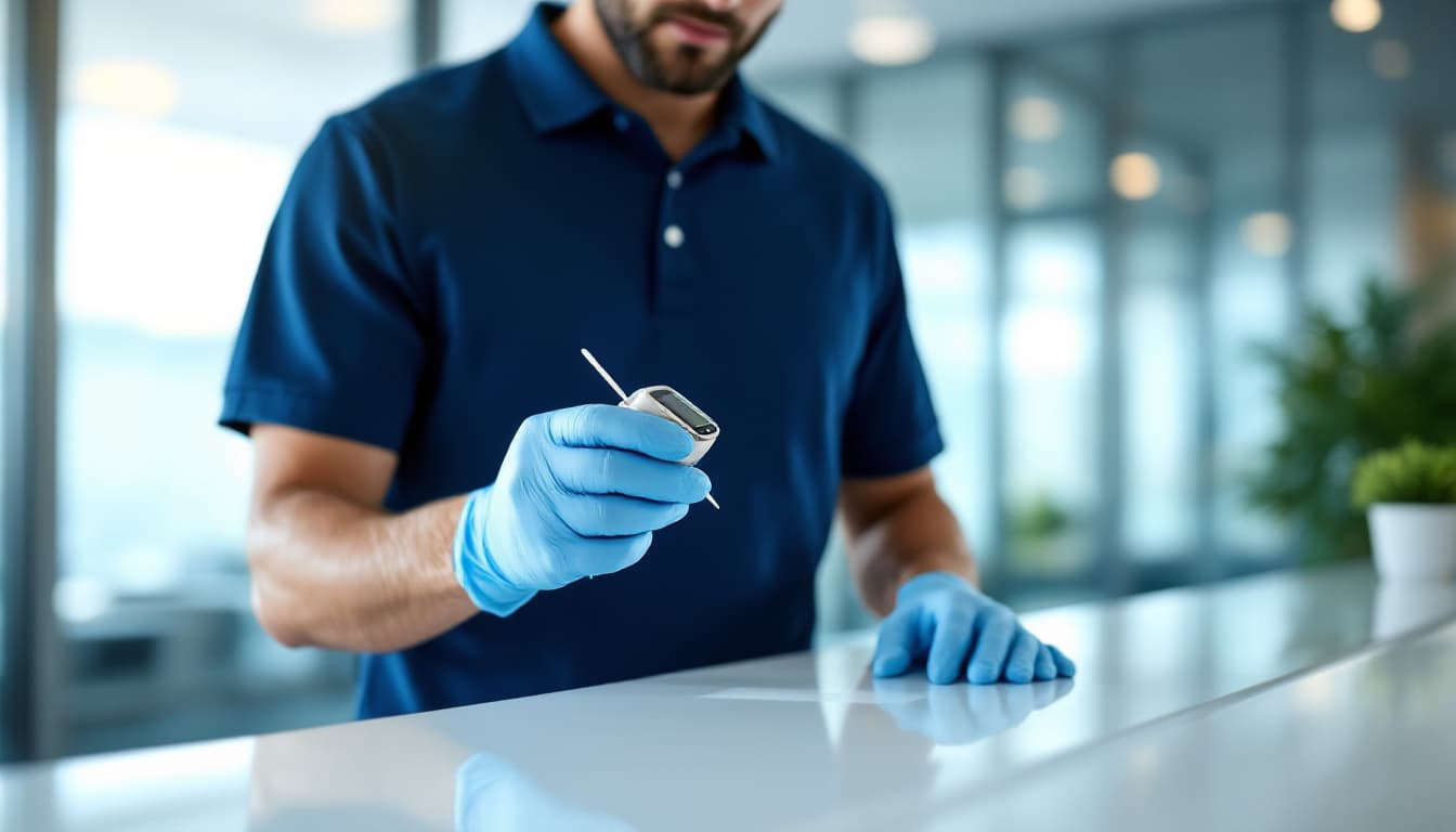 A commercial cleaning technician in a navy work polo and light blue disposable gloves holding a small handheld digital ATP luminometer and swabbing the surface of a glossy white reception counter in a bright, sunlit modern commercial office lobby
