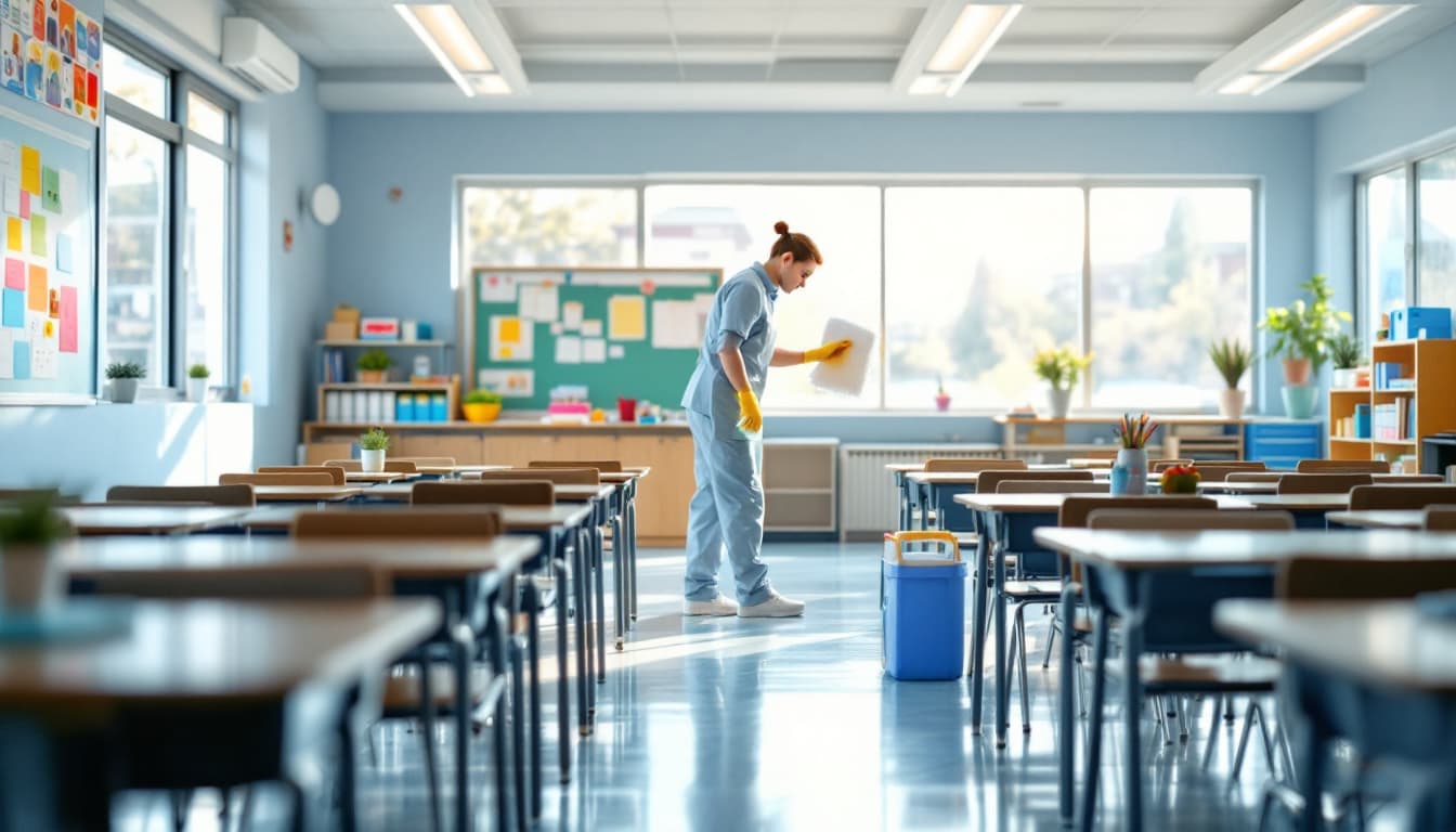 A professional commercial cleaner in uniform disinfecting rows of student desks in a bright, sunlit modern elementary school classroom with clean floors and large daylight windows