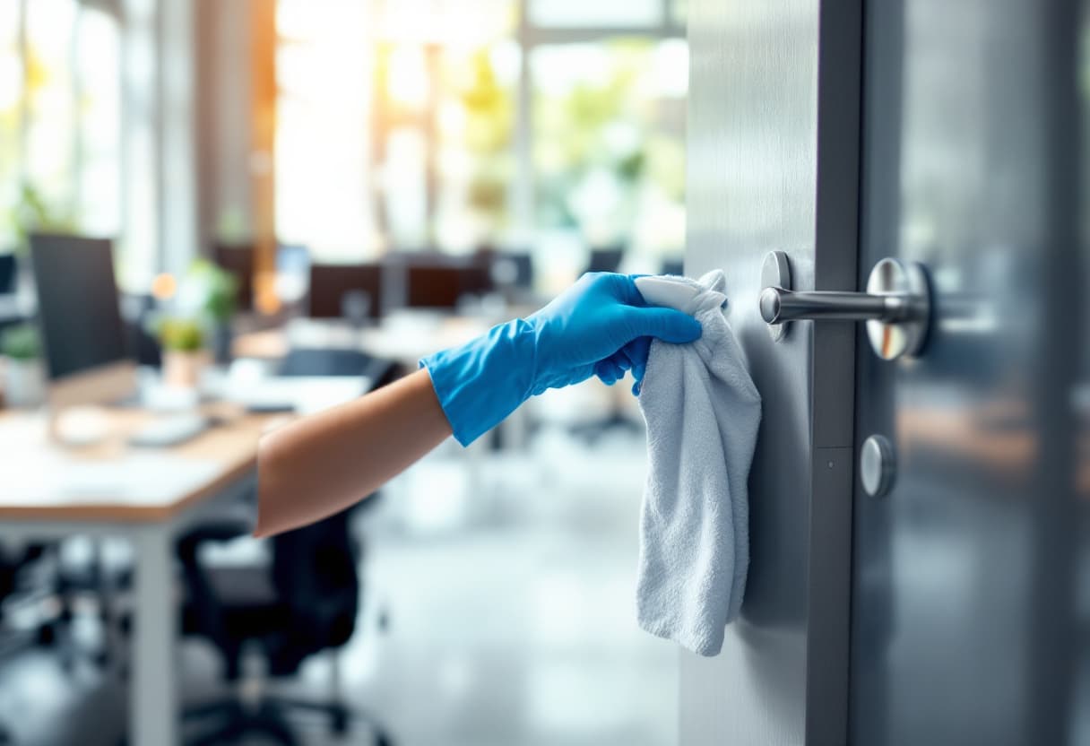 A gloved cleaning technician wiping down a stainless steel office door handle with a white microfiber cloth, a bright modern open-plan office with desks and monitors softly blurred in the background