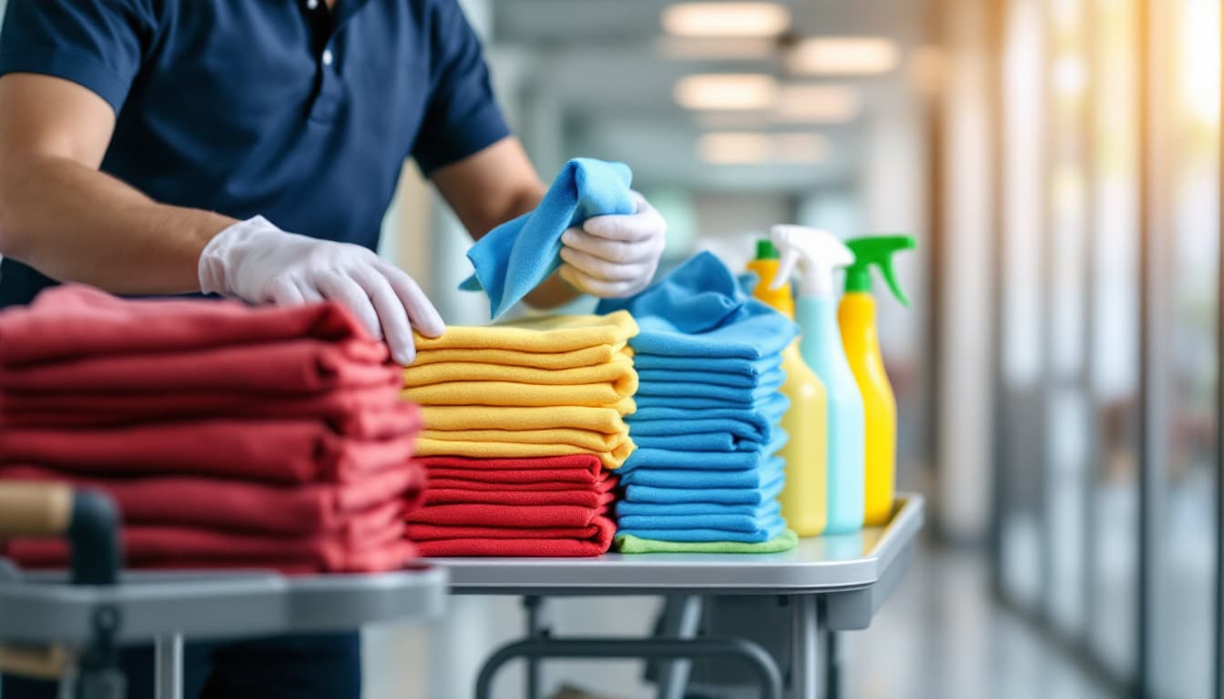 A cleaning technician in a navy work polo and disposable gloves reaching for a blue microfiber cloth on a cart stacked with separate piles of red, yellow, and blue folded microfiber cloths and matching color-coded spray bottles, in a bright modern commercial corridor