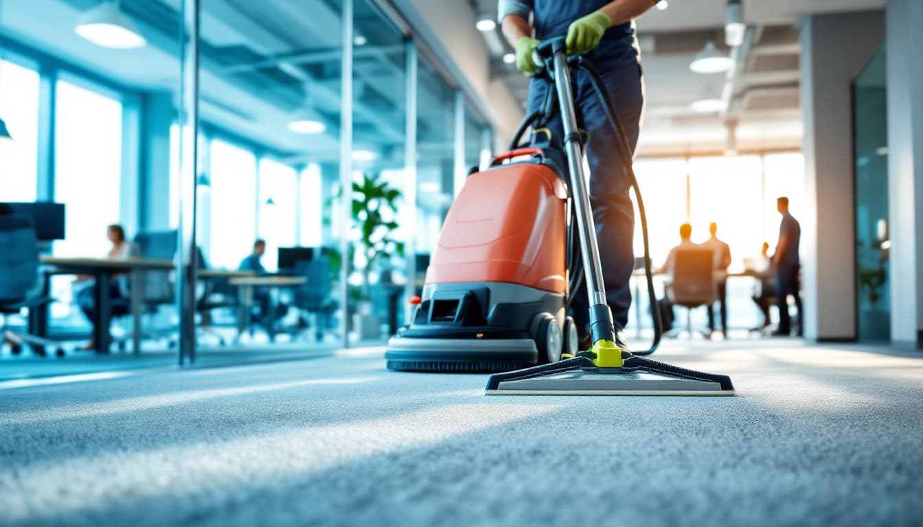 A cleaning technician using a hot-water extraction machine on light gray office carpet in a bright modern workspace with glass-walled meeting rooms