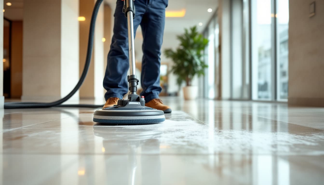A cleaning technician in navy work pants running a hose-fed hard-surface tile and grout extraction tool across large polished stone-look tile in a bright modern office lobby, with a potted plant and tall windows in the background