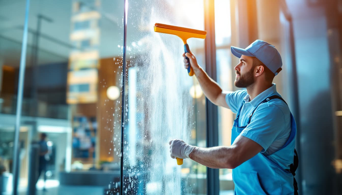 A professional commercial window cleaner in a blue uniform using a rubber squeegee to clean a large floor-to-ceiling glass window in a bright modern office lobby, with a downtown building reflected in the streak-free glass