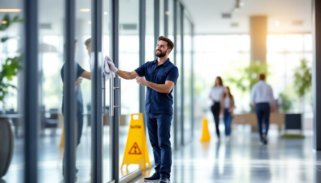 A uniformed day porter in a navy work polo cleaning a glass entrance door with a white microfiber cloth inside a bright modern office lobby during business hours, a yellow wet-floor caution sign beside him and office workers walking through the sunlit space in the background