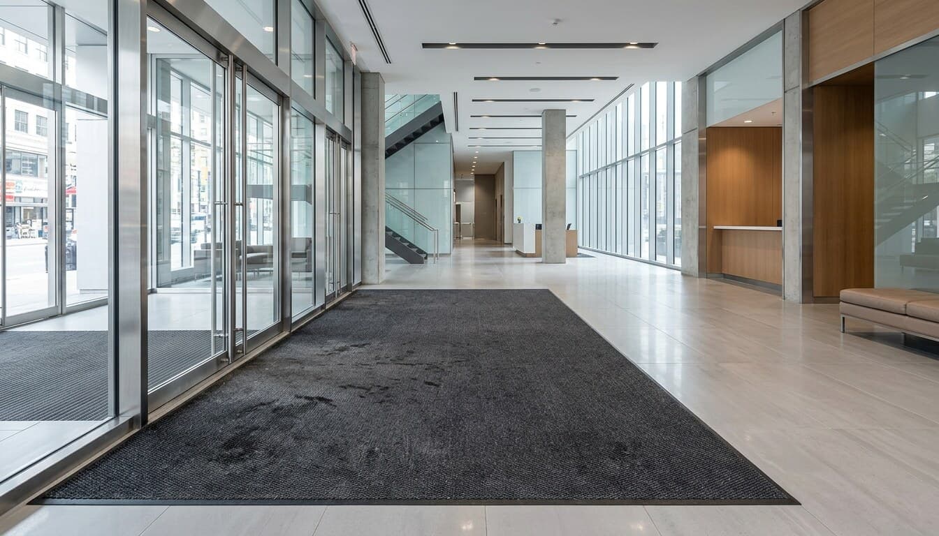 A large charcoal-gray walk-off floor mat laid across polished light-gray tile just inside the glass double-door entrance of a bright, modern commercial office lobby, with clean dry flooring extending into the building beyond it