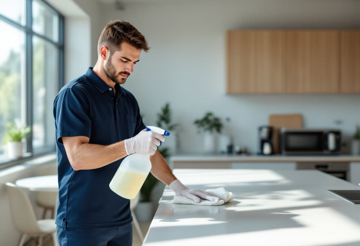 A commercial cleaning technician in a navy work polo and disposable gloves wiping down the white countertop of a bright modern office break room with a microfiber cloth and spray bottle, a coffee machine and stainless steel microwave on the counter behind him and a large sunlit window to the left