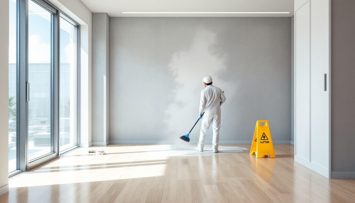 A cleaning technician in white coveralls and a hard hat detailing a freshly installed light wood floor in a bright, newly finished commercial interior with floor-to-ceiling windows and a yellow wet-floor caution sign