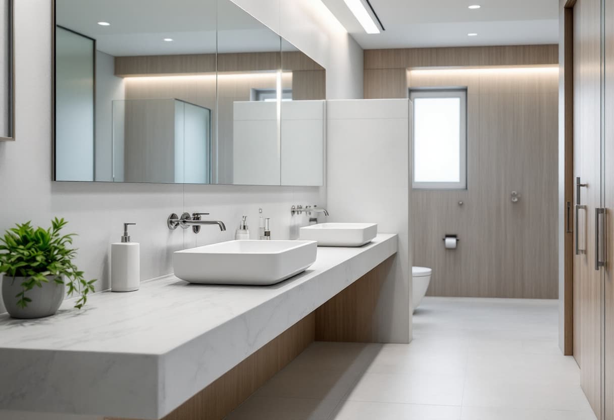 A spotless modern commercial restroom with polished stone vanity, twin vessel sinks, touch-free chrome faucets and soap dispensers, and clean light-gray tile flooring in bright natural light