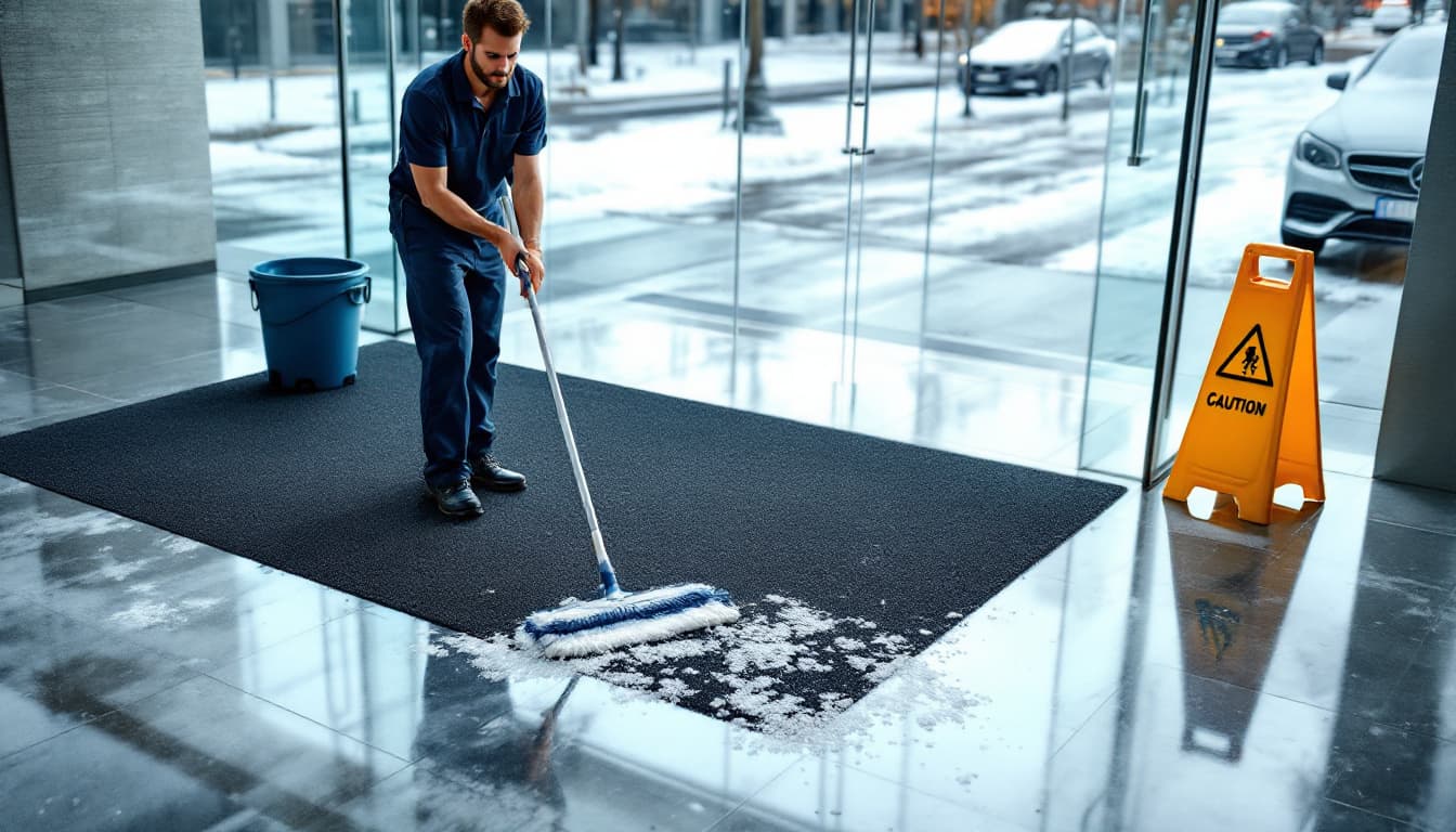 A cleaning technician in a navy work polo dust-mopping chalky white ice-melt salt residue off a glossy polished floor beside a large dark walk-off entrance mat, with snow and a salted street visible through the glass doors of a modern office building and a yellow wet-floor caution sign nearby
