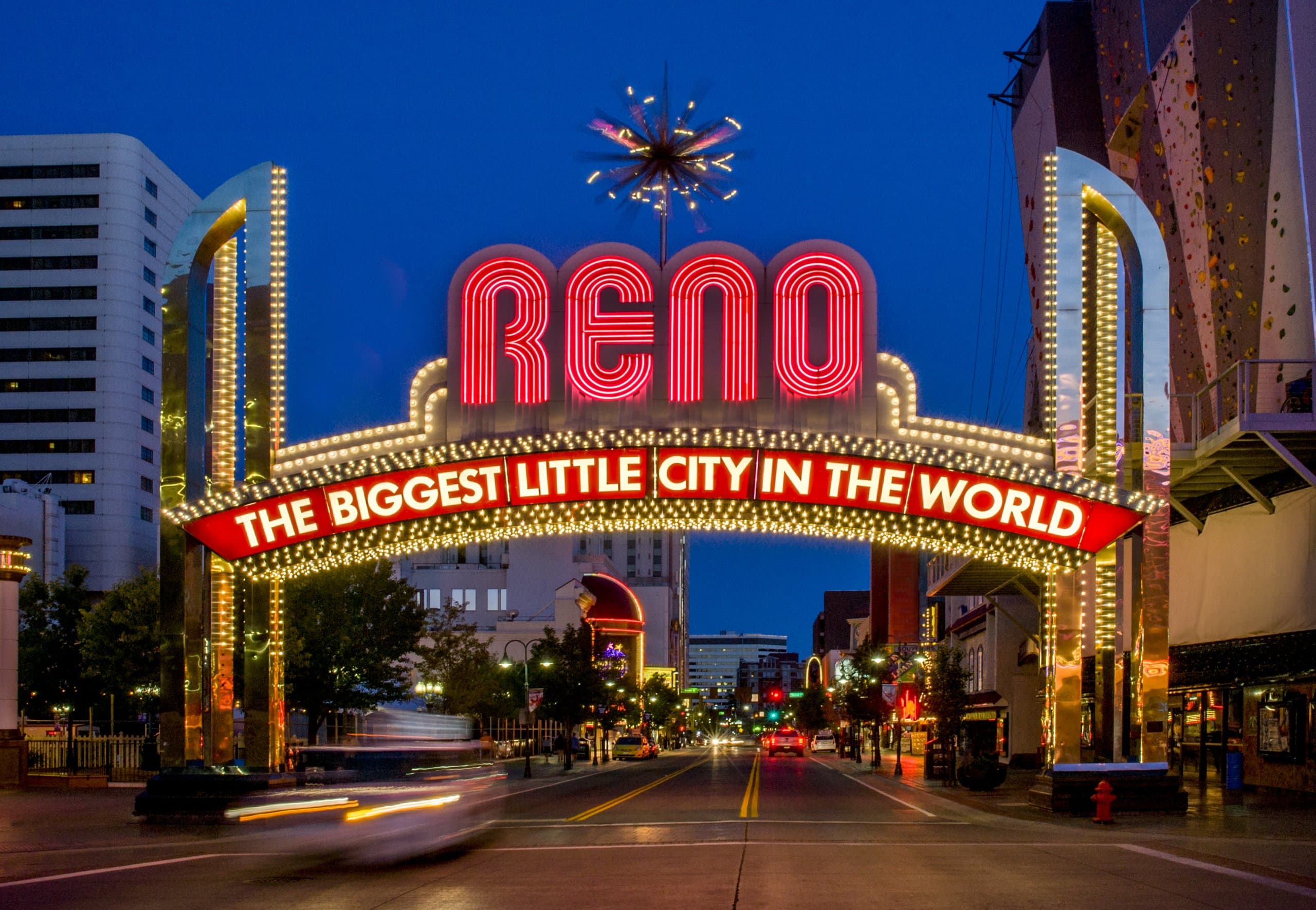 Downtown Reno, Nevada skyline across the Truckee River, in the commercial district Benchmark cleans